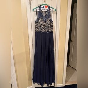 Faviana blue beaded prom dress